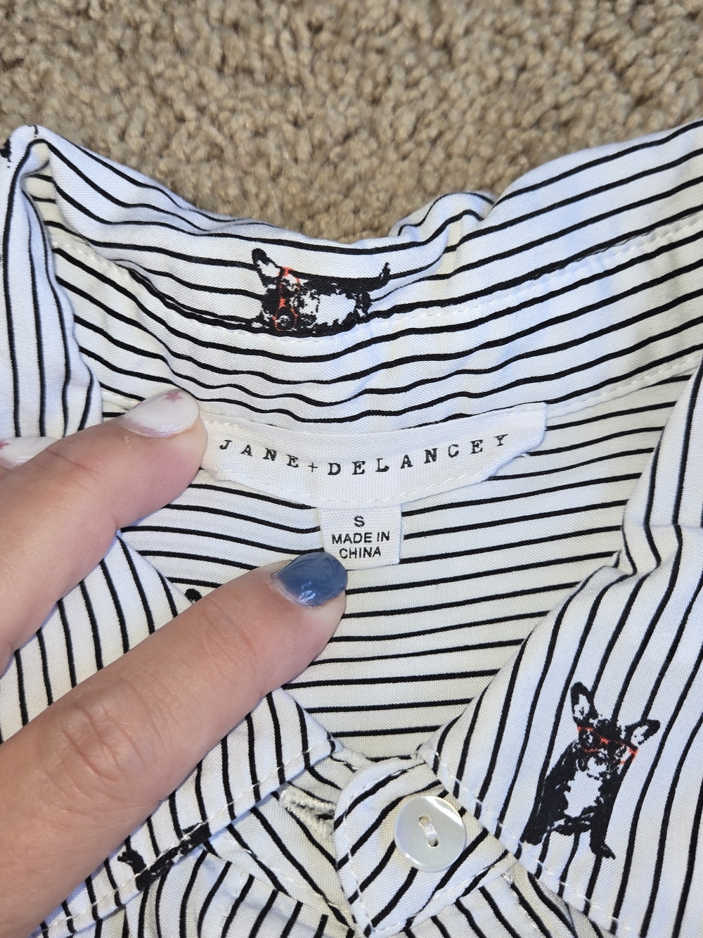 Women's Black and White Striped Short-Sleeve Button-Up French Bulldog Top Small - Picture 3 of 8